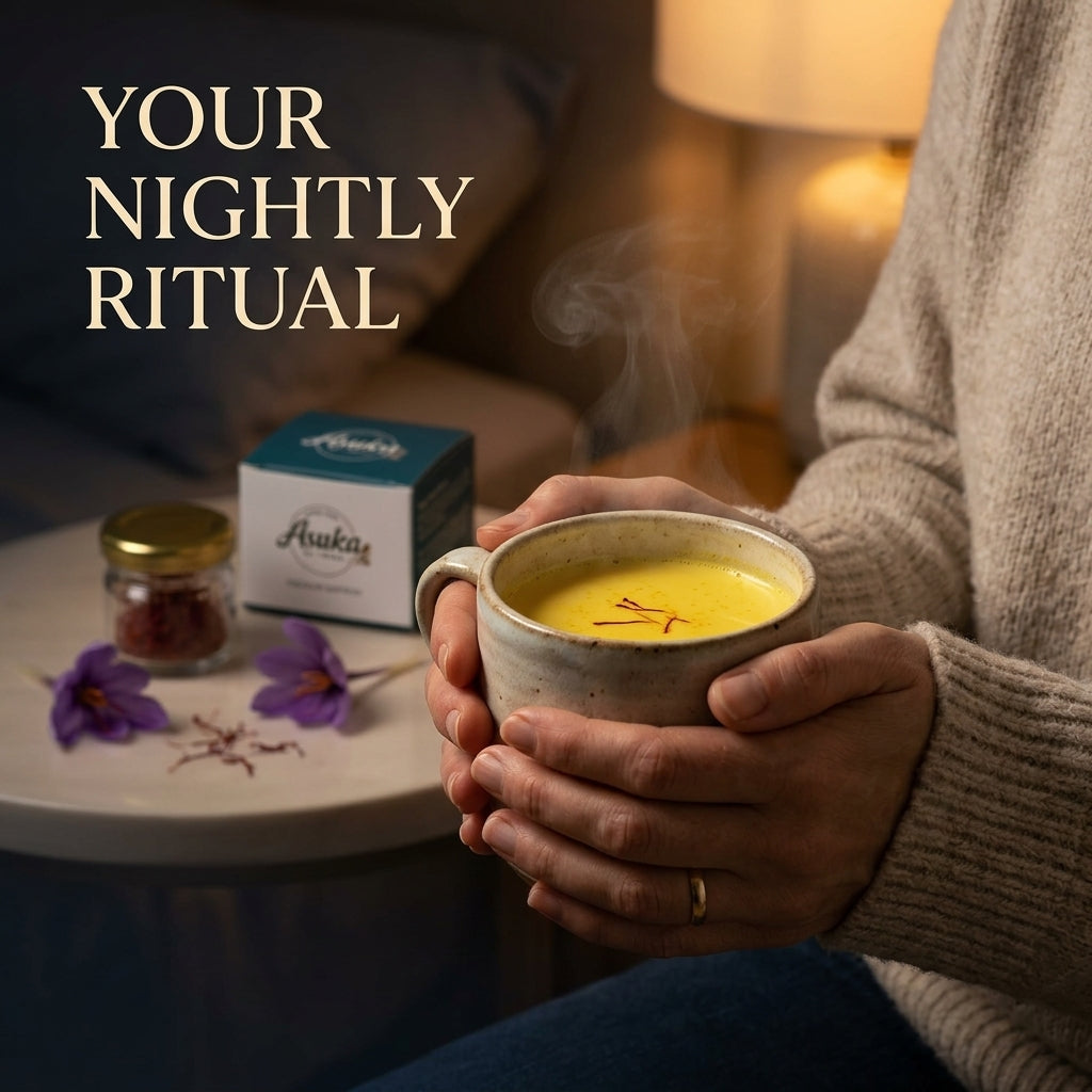 Asuka saffron nightly ritual — a warm cup of saffron milk for relaxation before bed