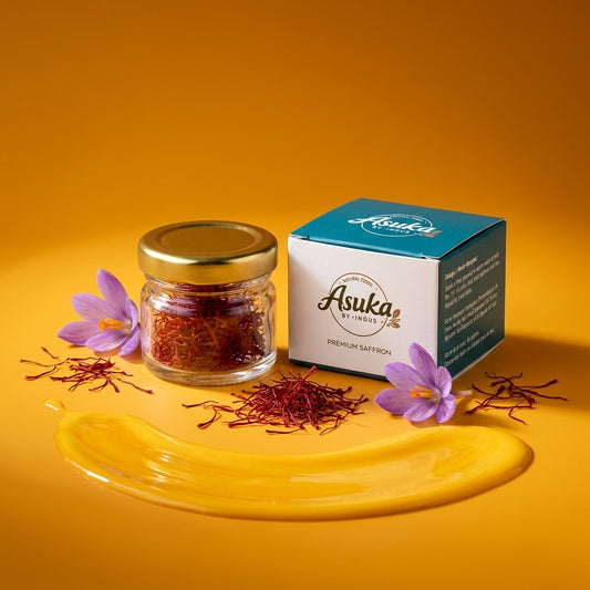 Asuka Premium Kashmiri Saffron 2g — grade-A red threads in a glass jar with gift carton