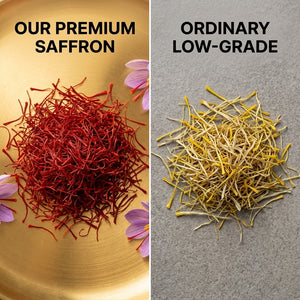 Asuka premium saffron compared with ordinary low-grade saffron — richer colour, longer threads