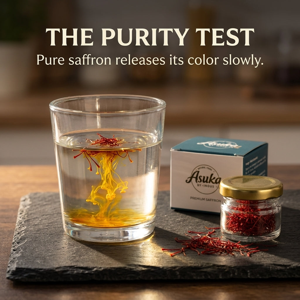 Asuka saffron purity test — pure threads slowly releasing golden colour in water