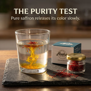 Asuka saffron purity test — pure threads slowly releasing golden colour in water