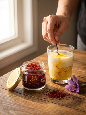 Stirring Asuka Mongra saffron into golden milk