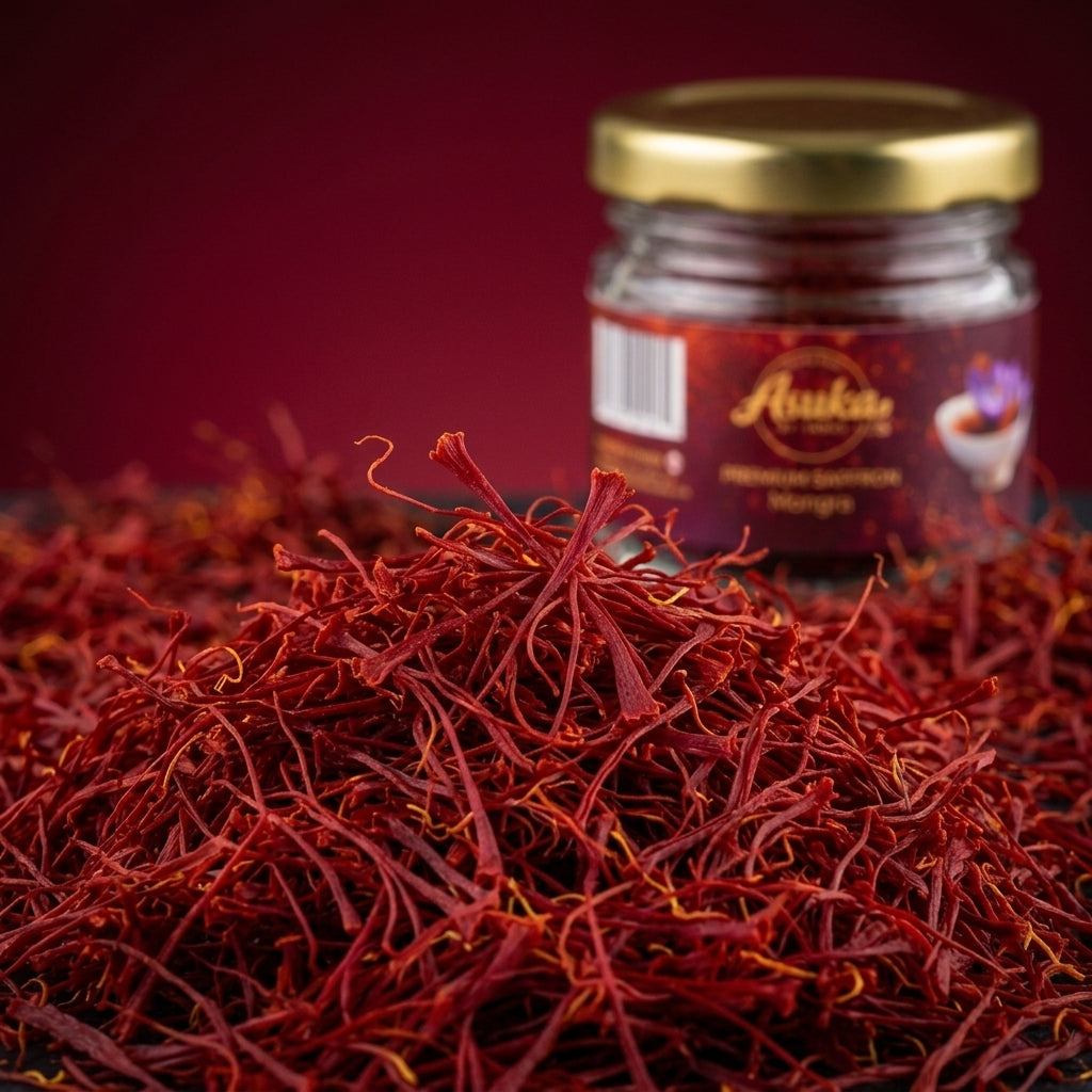 Macro close-up of Asuka Mongra saffron threads showing premium grade and deep crimson colour