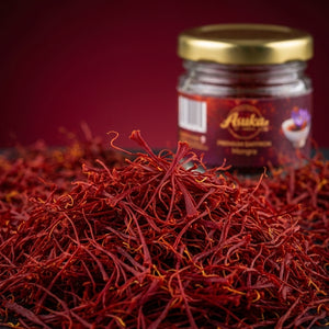 Macro close-up of Asuka Mongra saffron threads showing premium grade and deep crimson colour