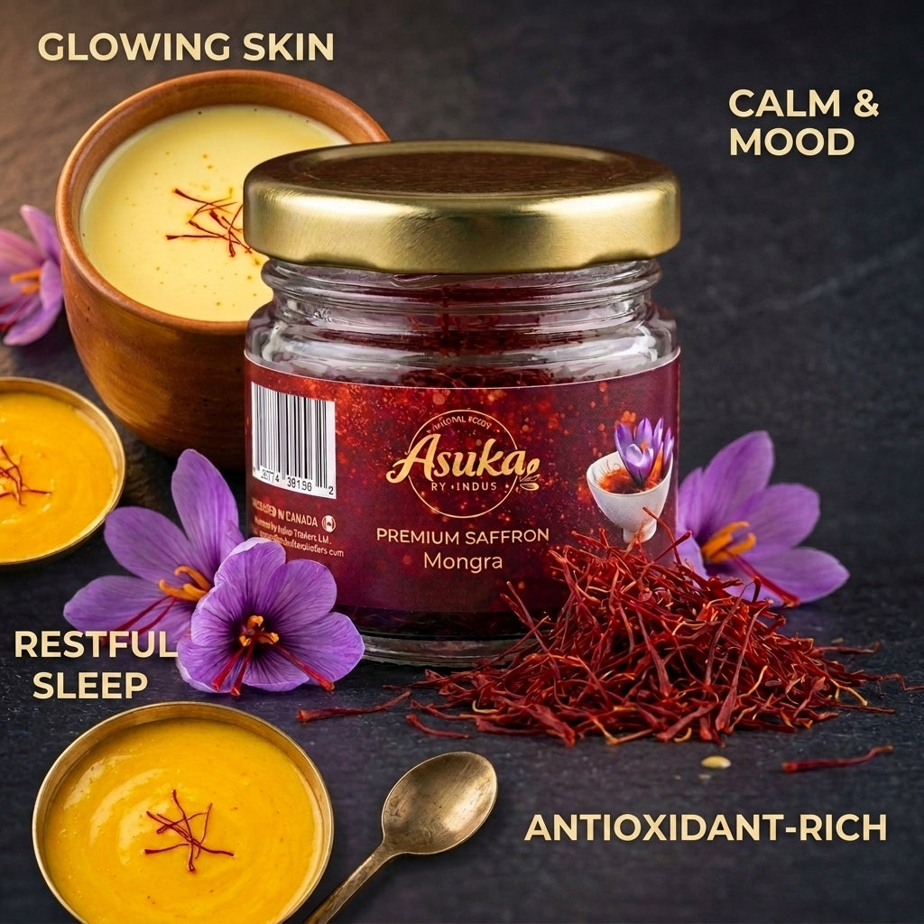 Asuka Mongra saffron benefits — glowing skin, restful sleep, calm mood and antioxidant support