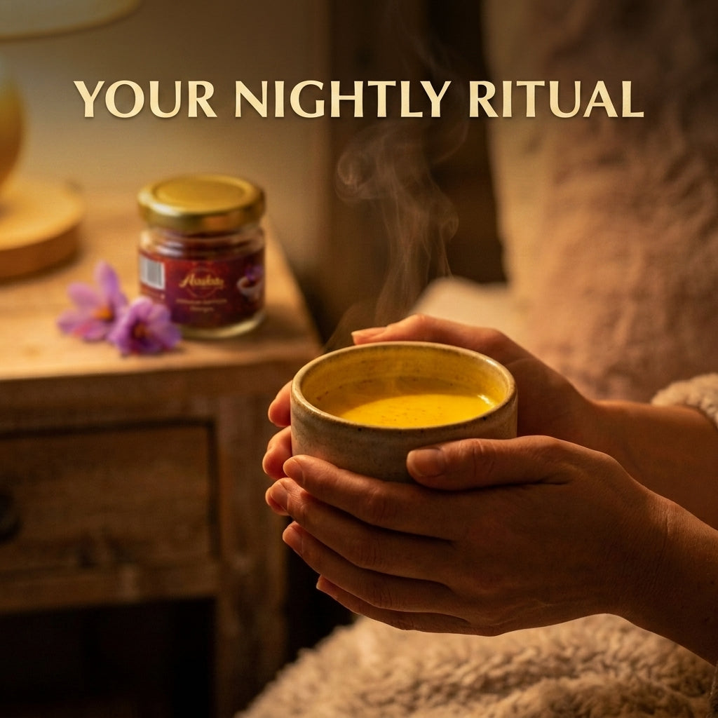 Asuka Mongra saffron nightly ritual — warm saffron milk for relaxation before bed