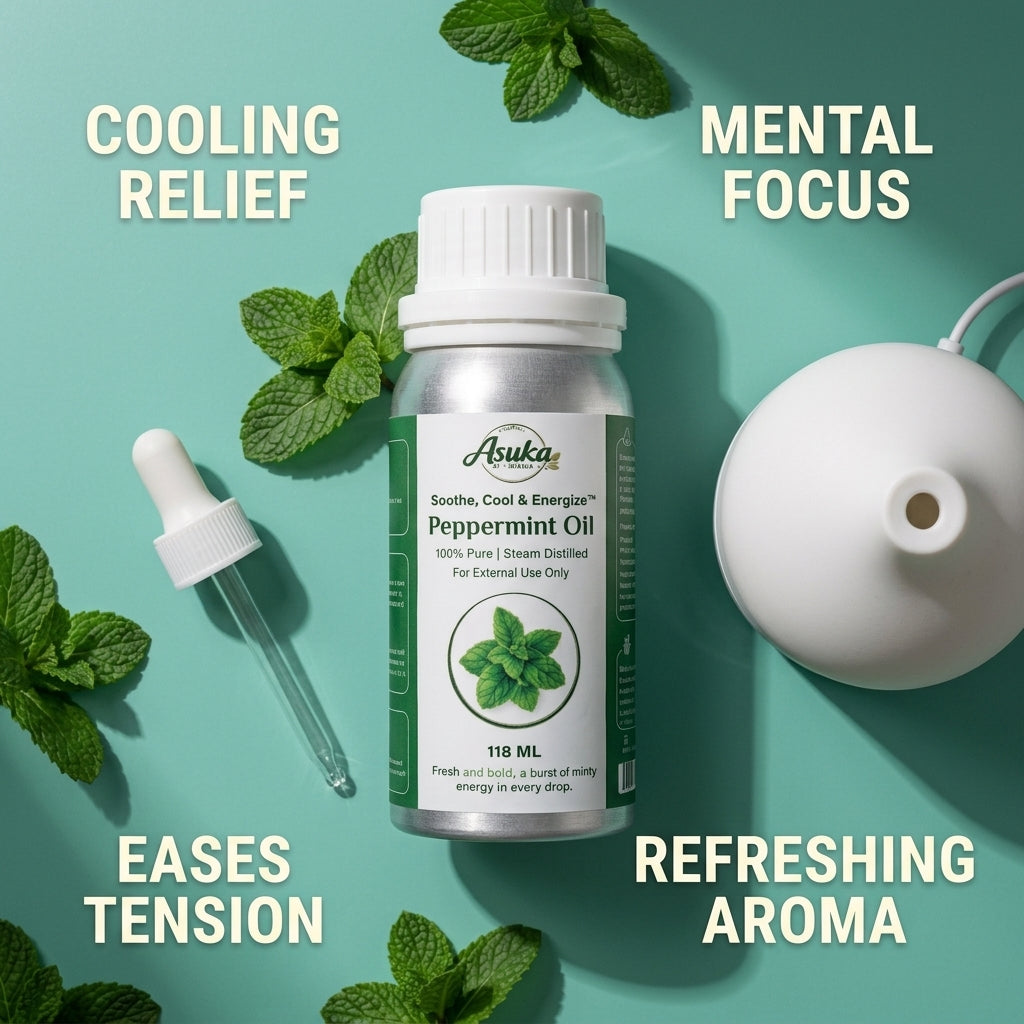 Asuka peppermint oil benefits — cooling relief, mental focus, eases tension, refreshing aroma
