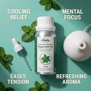 Asuka peppermint oil benefits — cooling relief, mental focus, eases tension, refreshing aroma