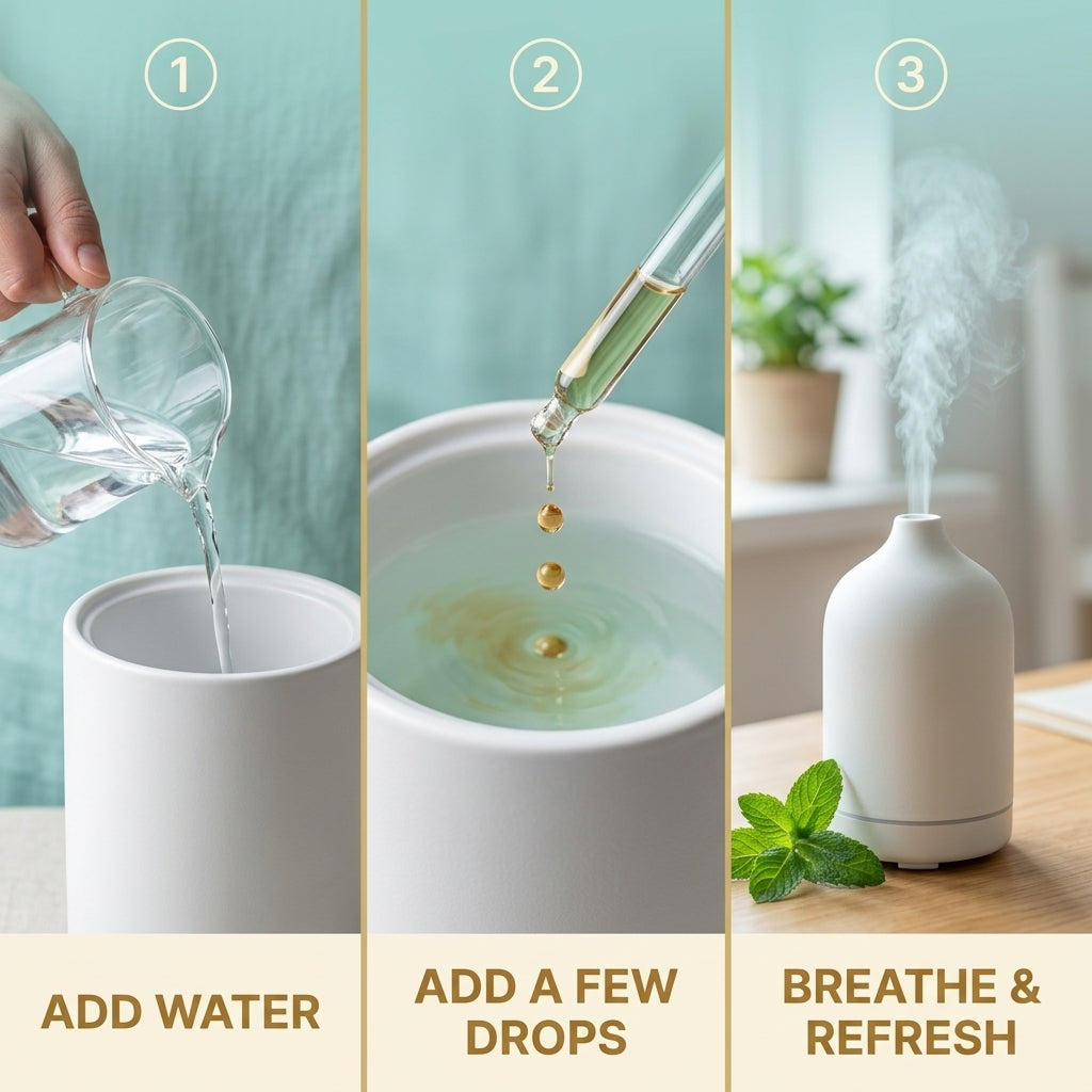 How to use Asuka peppermint oil — add to water, a few drops, and breathe in to refresh