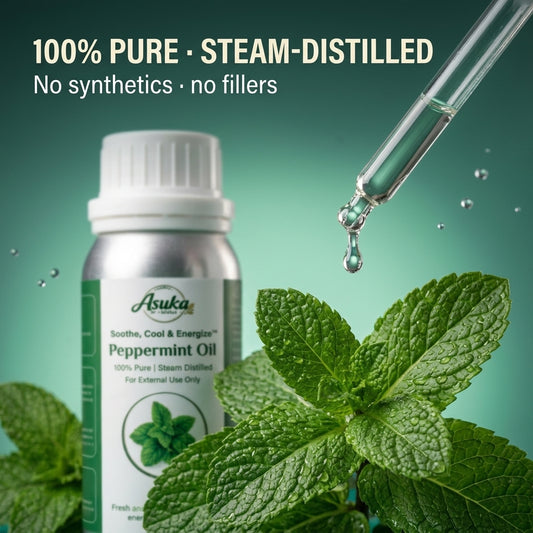 Asuka peppermint essential oil — pure, therapeutic-grade quality in an amber bottle
