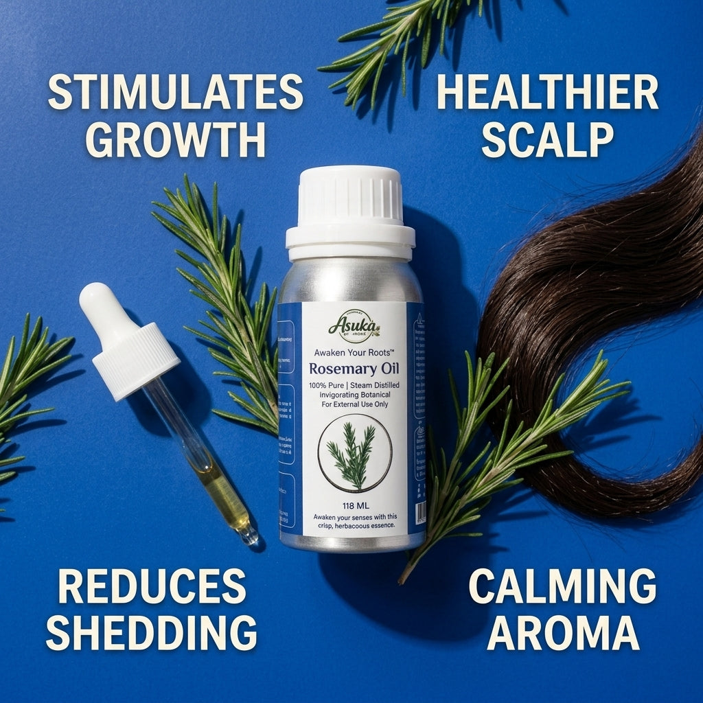 Asuka rosemary oil benefits — stimulates growth, healthier scalp, reduces shedding, calming aroma