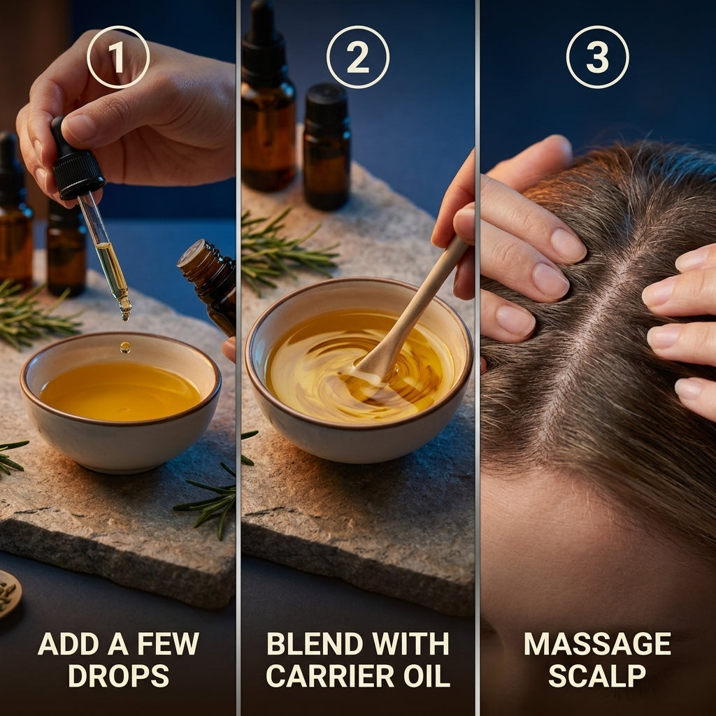 How to use Asuka rosemary oil — add a few drops, blend with a carrier oil, massage the scalp