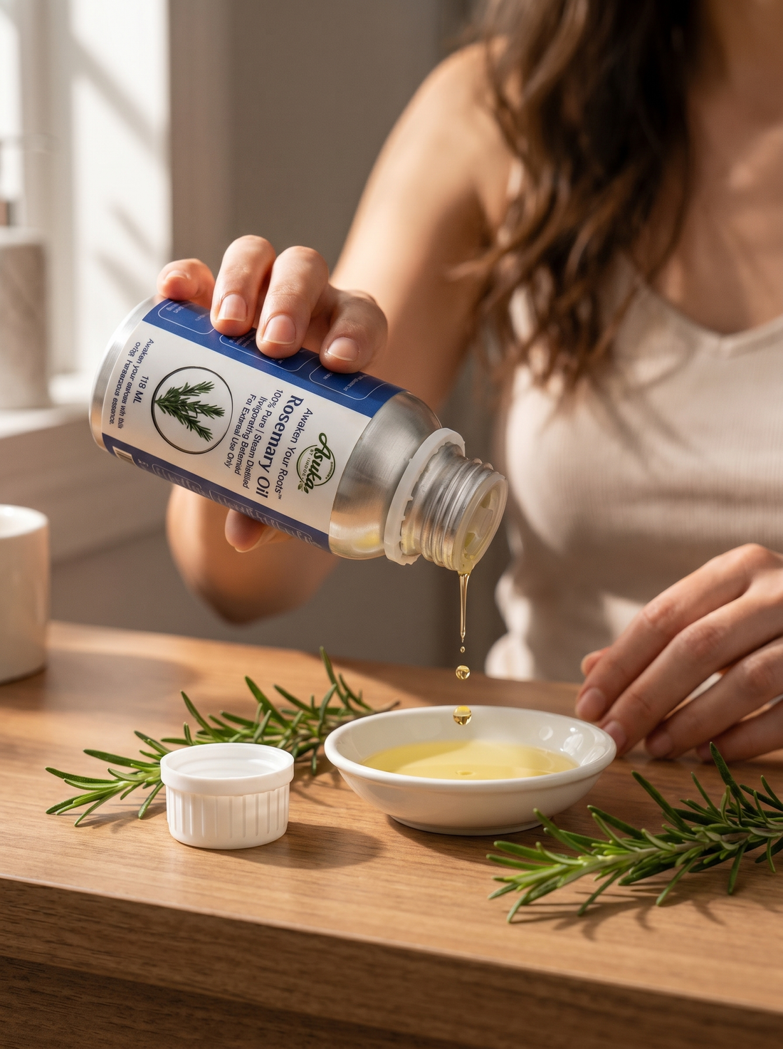 Woman diluting Asuka Rosemary Oil into a carrier oil for a scalp ritual