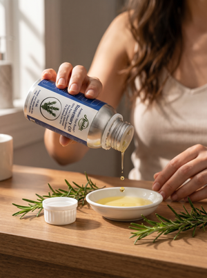 Woman diluting Asuka Rosemary Oil into a carrier oil for a scalp ritual