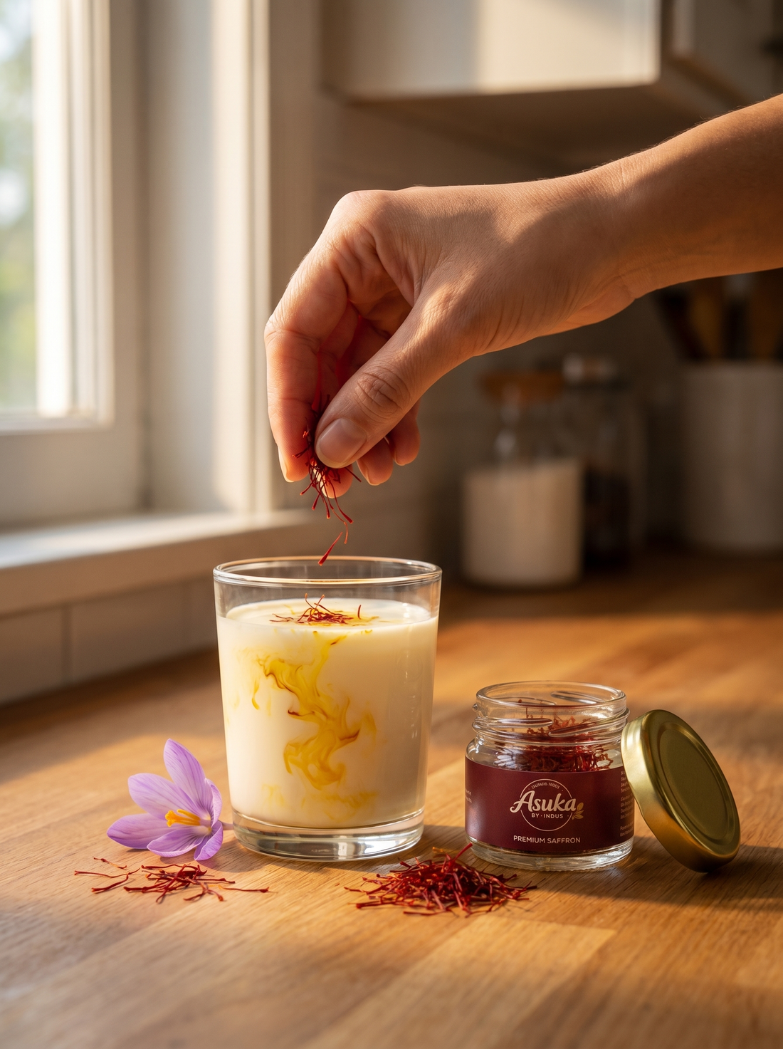Adding Asuka Kashmiri saffron threads to warm milk